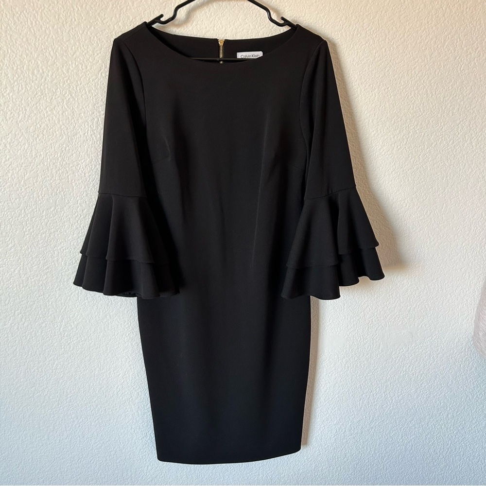 Calvin Klein Black Bell Sleeve Semi, Formal Midi Dress with Gold Accents - Picture 2 of 8